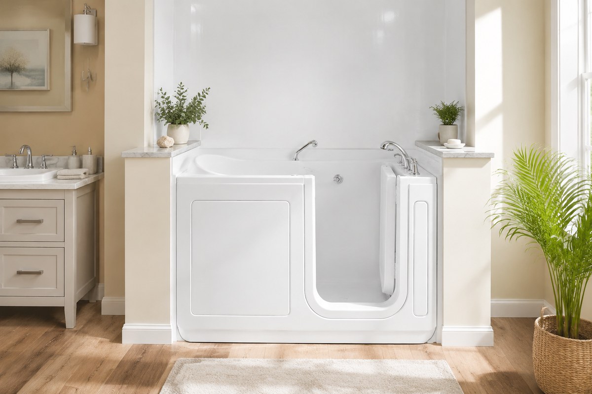 Modern walk-in tub with side-entry door and chrome fixtures