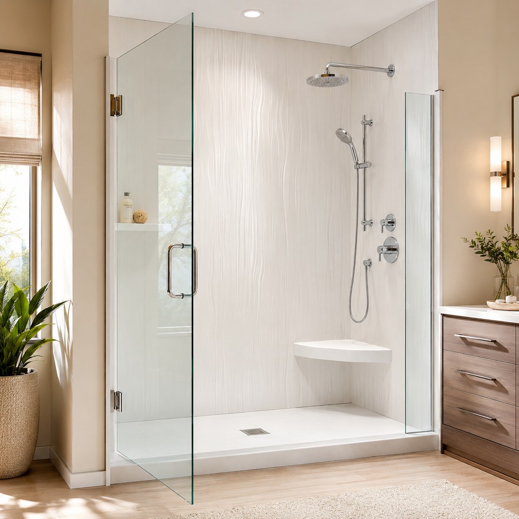 Modern walk-in shower with glass door and chrome fixtures